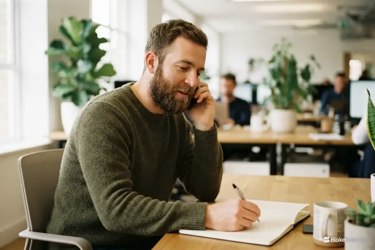 01904 York Phone Numbers Bearded man in a green jumper on a mobile phone call, taking notes at a desk