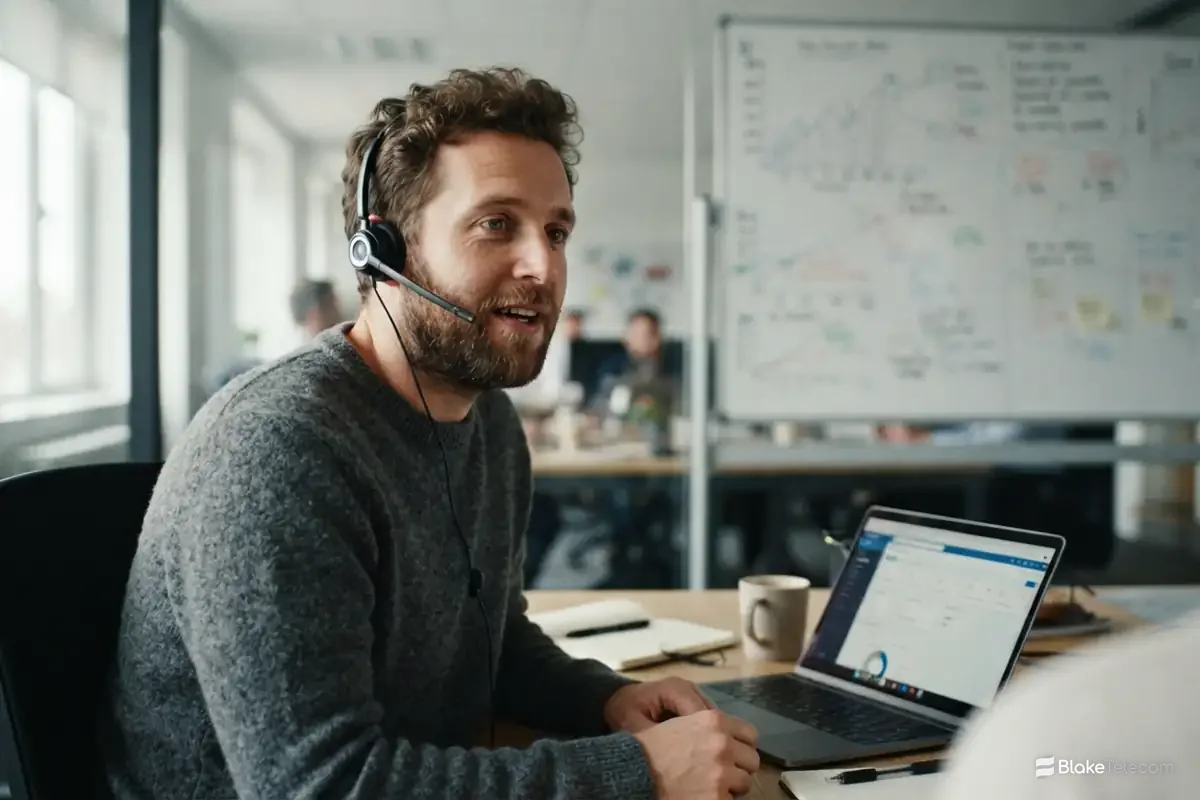 Auto Dialler Software for Outbound Teams Agent with a headset working at a laptop, using an auto dialler to make outbound calls