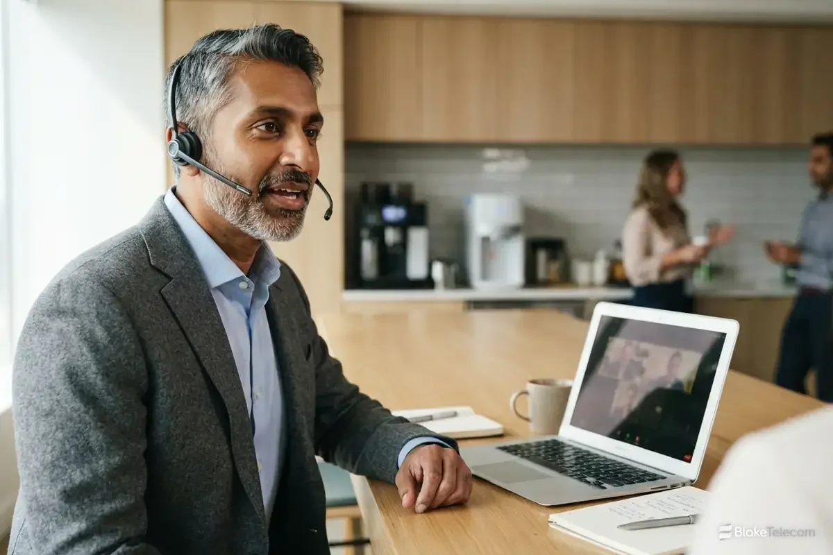 IVR Phone System for Business Man in a grey jacket on a headset call that an IVR phone system routed to his desk