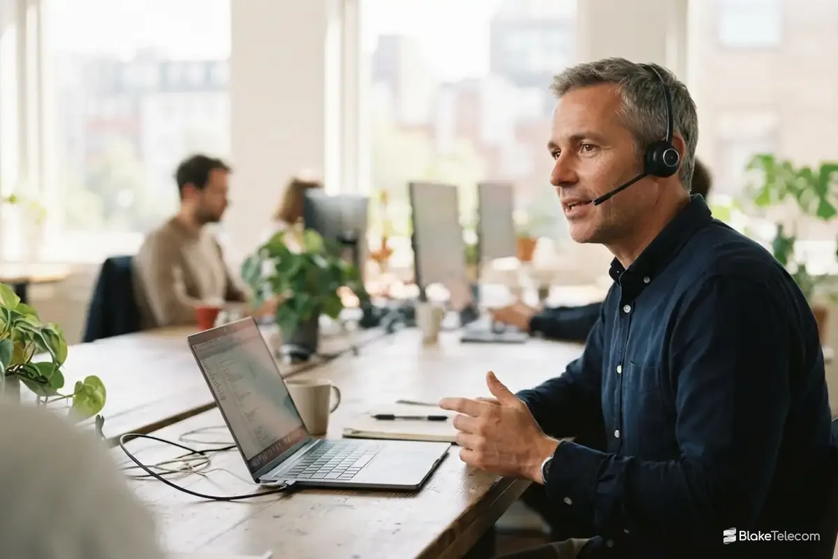 CCaaS Man in a navy shirt wearing a headset and speaking at a shared office table, using a cloud contact centre