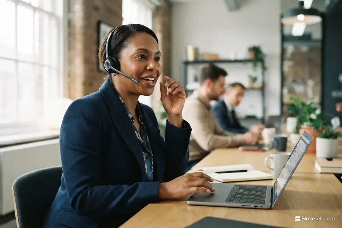Automatic Call Distribution (ACD) Agent in a navy blazer and headset taking a call that automatic call distribution routed to her