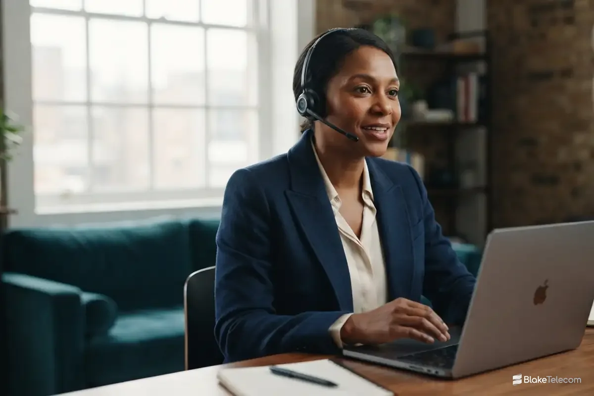01539 Kendal Phone Numbers Woman in a navy blazer wearing a headset, working on a laptop in an office